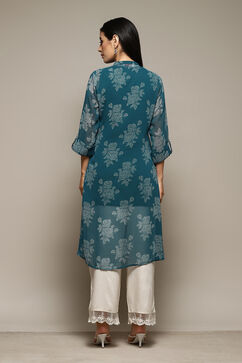 Teal Polyester Straight Printed Kurta image number 4