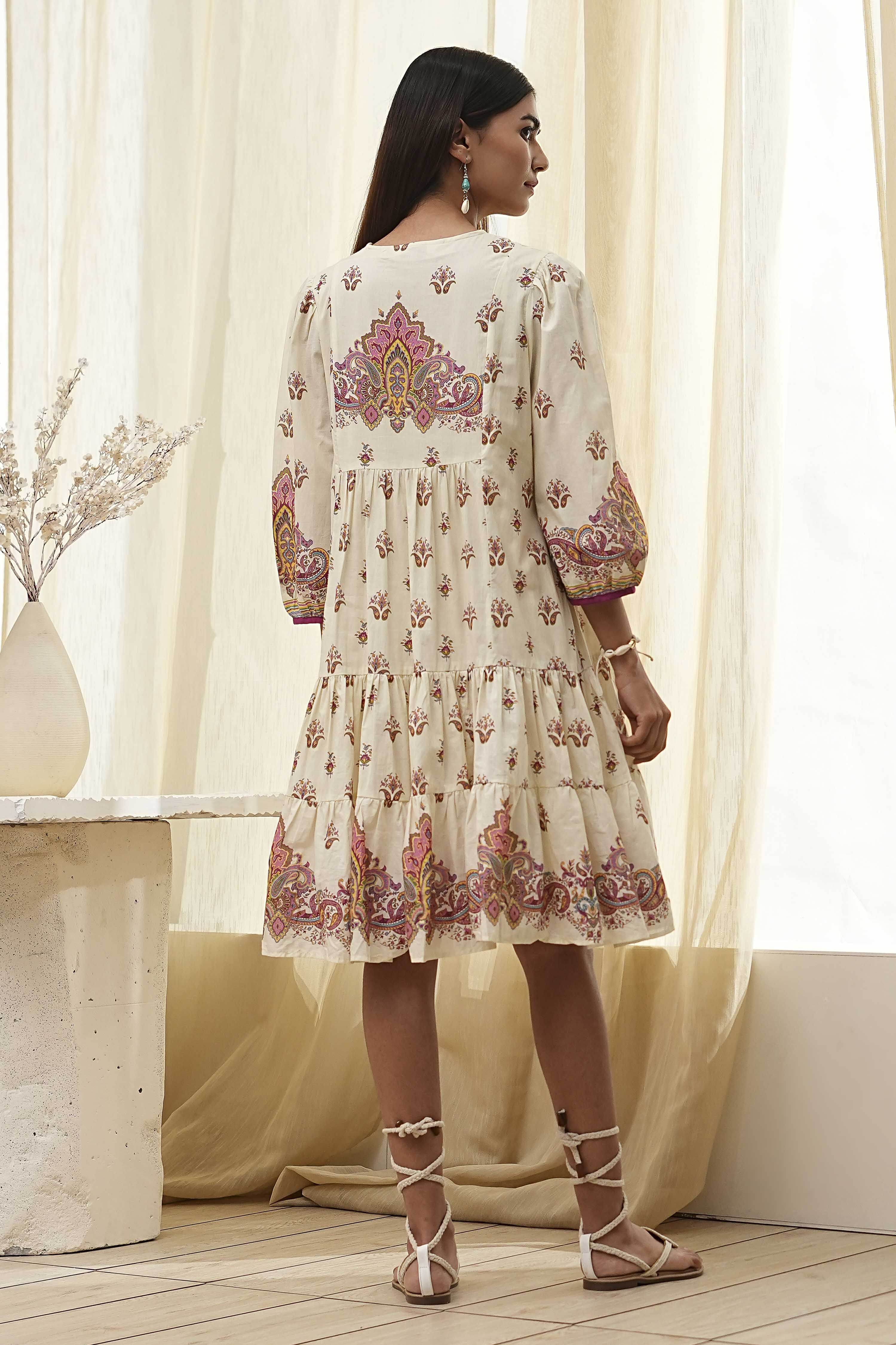 Beige Cotton Printed Tiered Dress image number 3