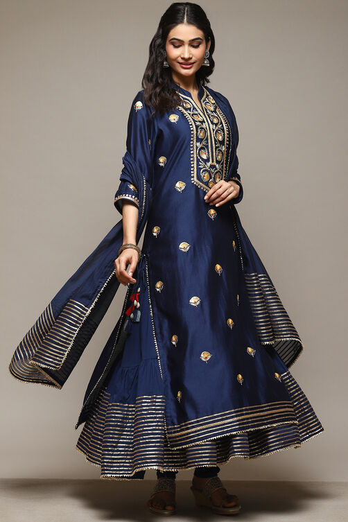 Navy Cotton Blend Layered Kurta Churidar Suit Set image number 0