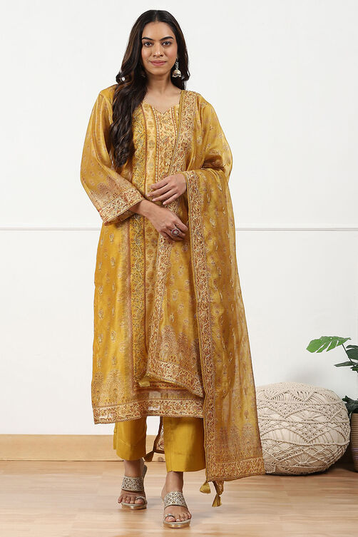 Pink Chanderi Printed Embroidered Unstitched Suit Set image number 1
