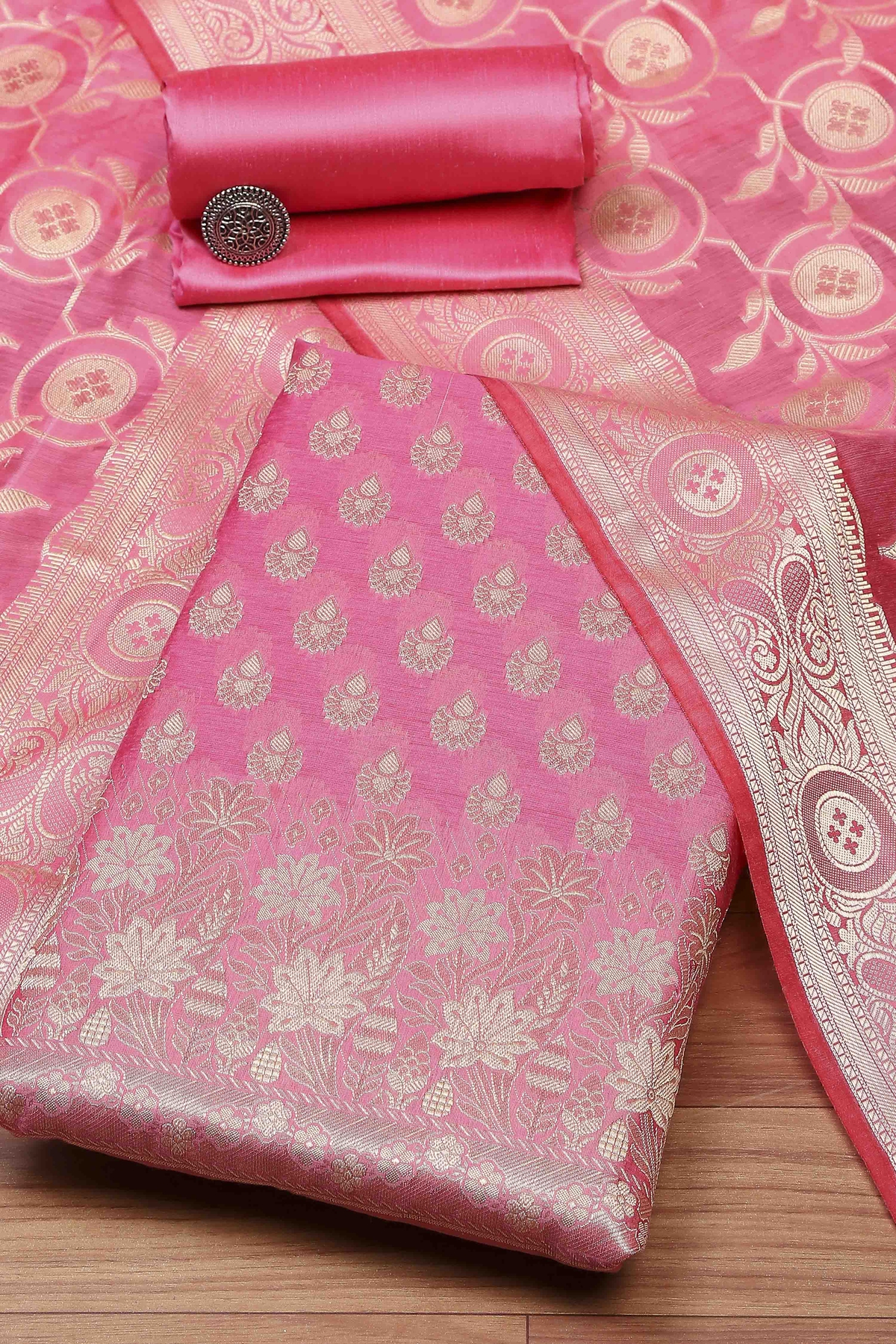 Hot Pink Cotton Printed Embroidered Unstitched Suit Set