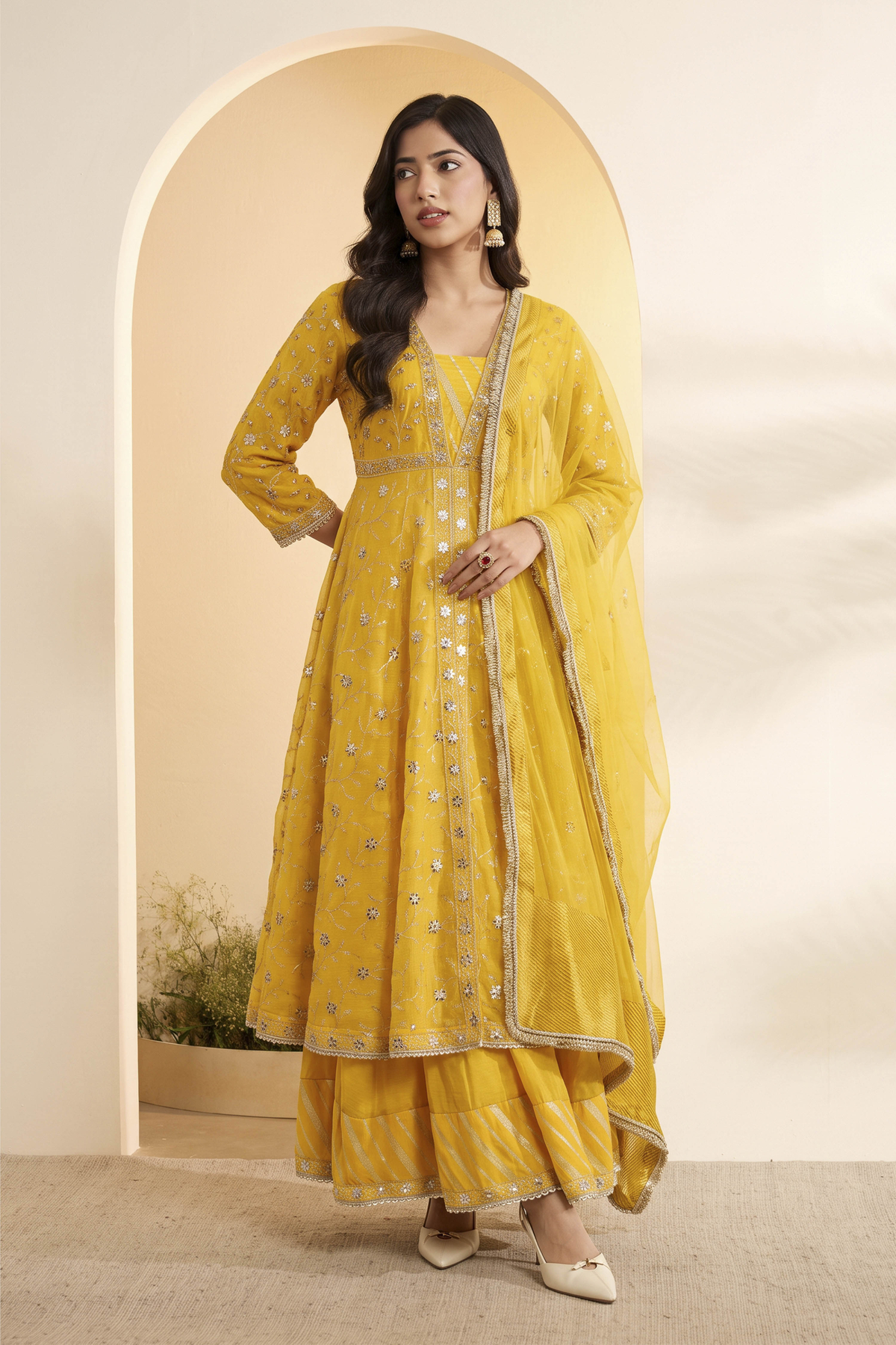 Yellow Silk Chanderi Embroidered Anarkali Lehenga Set