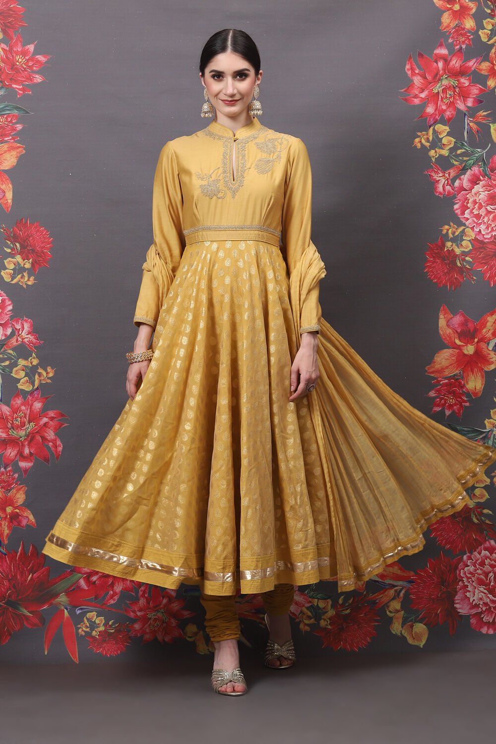 Buy Rohit Bal Yellow Cotton Silk Anarkali Yarndyed Suit Set Kurta