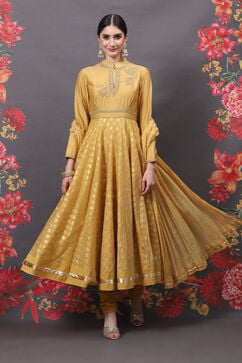 Rohit Bal Yellow Cotton Silk Anarkali Yarndyed Suit Set image number 0