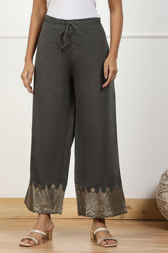 Grey Jacquard Solid Straight Palazzo Pants image number 4