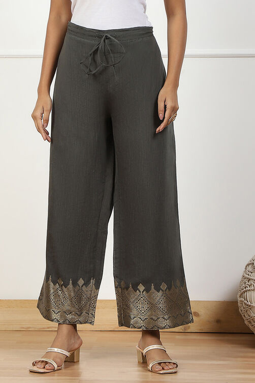 Blue Jacquard Solid Straight Palazzo Pants image number 4