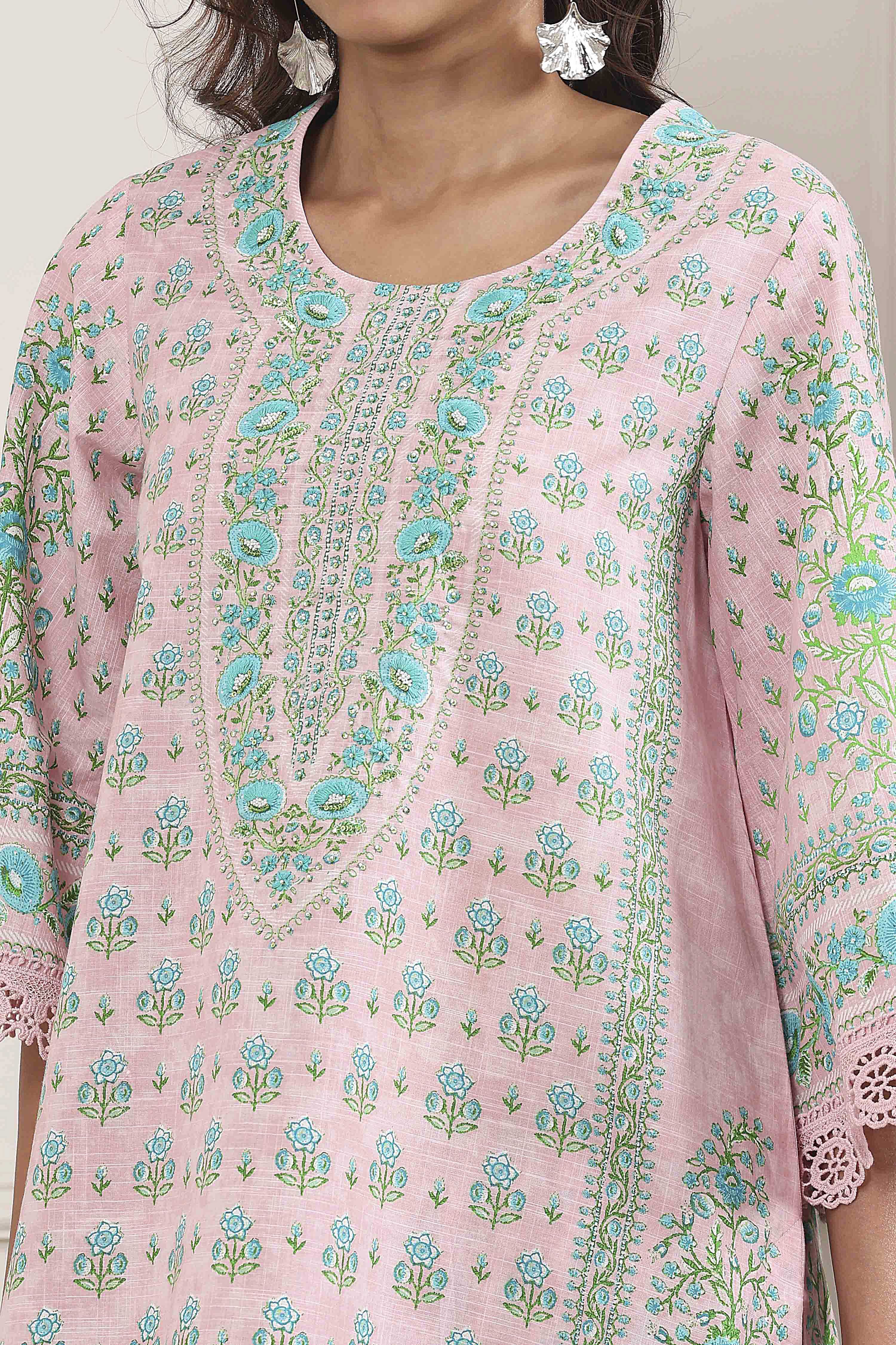 Pink Cotton Printed Straight Kurta Set image number 1