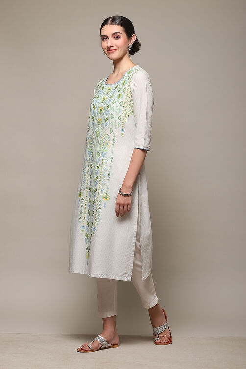 White Cotton Straight Printed Kurta image number 2