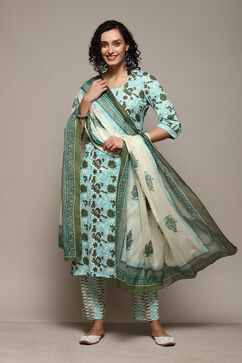 Green Cotton Printed Unstitched Suit Set image number 1