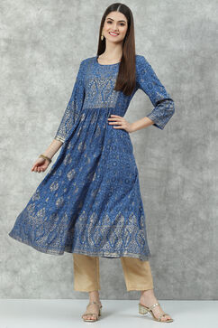 Blue Rayon A-Line Printed Kurta image number 5