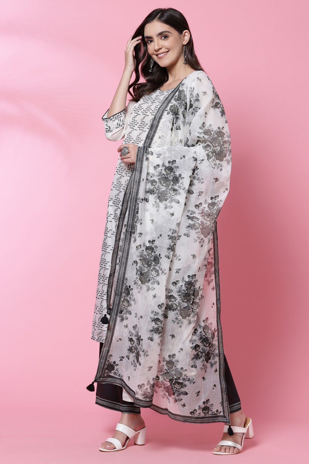 Ivory Black Cotton Straight Kurta Palazzo Suit Set image number 5