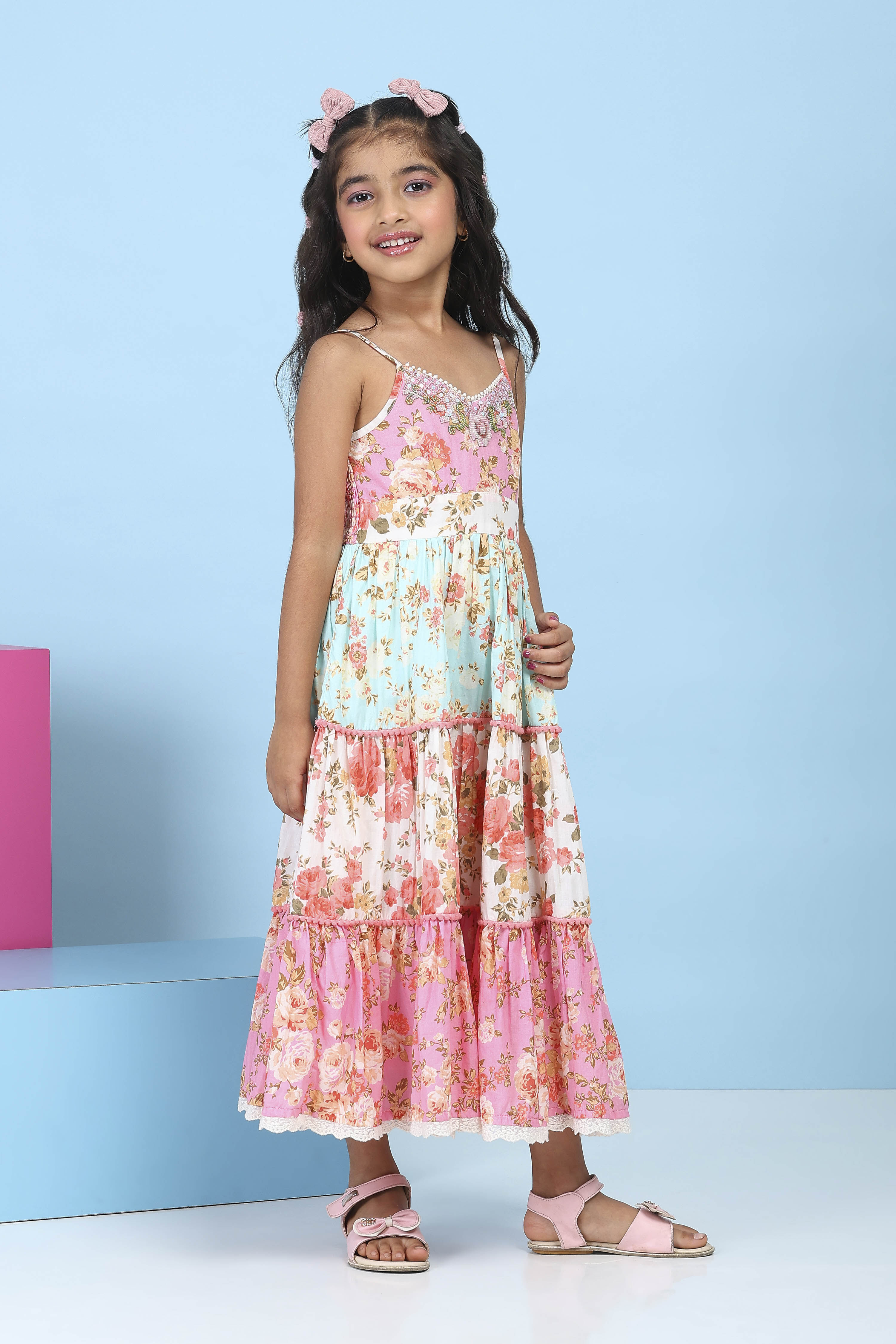 Pink Cotton Printed Flared Dress image number 4