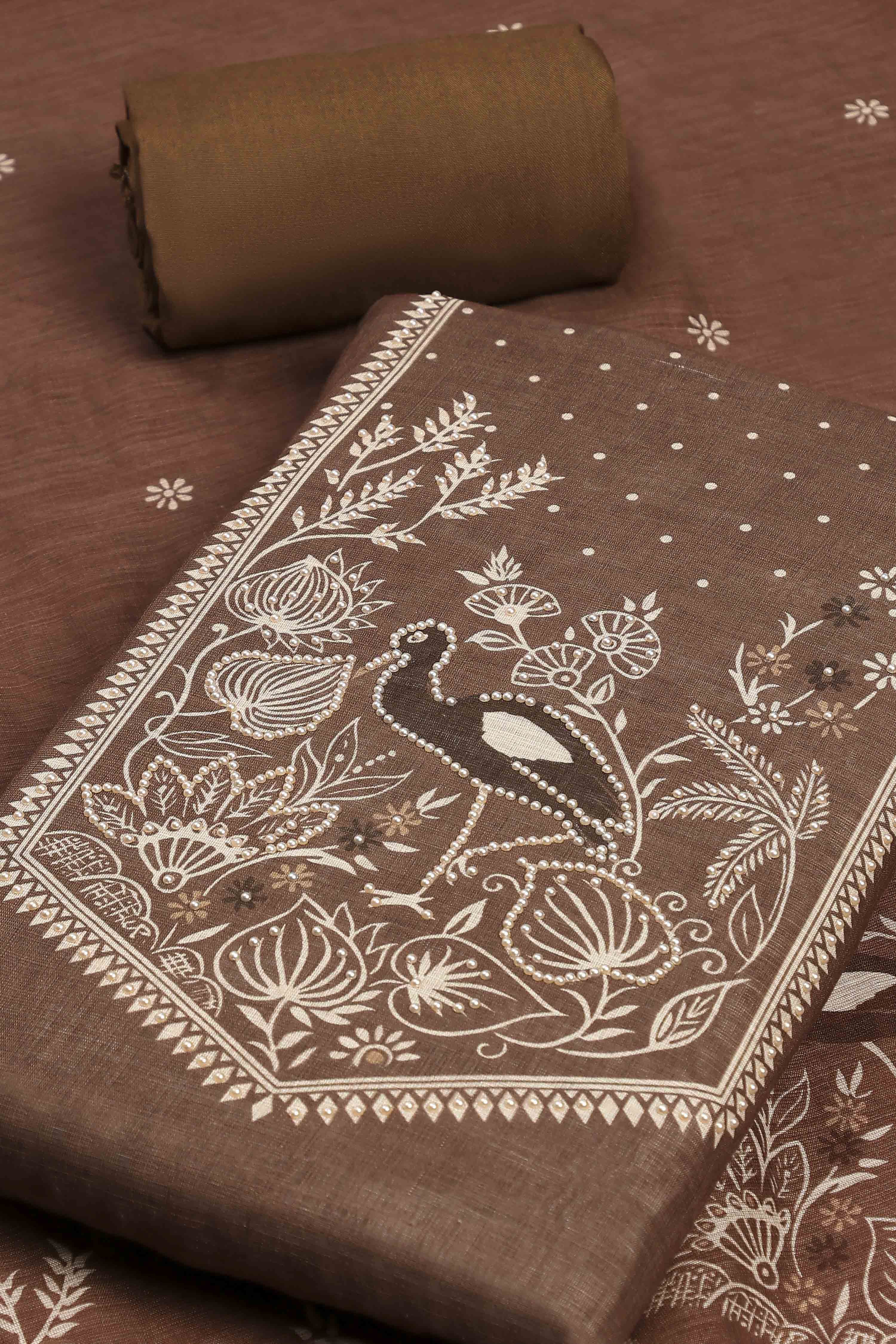 Dark Beige Linen Embroidered Unstitched Suit Set image number 1