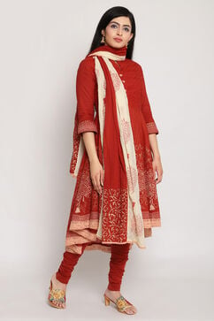 Red Cotton Asymmetric Kurta Churidar Suit Set image number 4