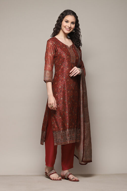 Maroon Chanderi Unstitched Suit Set image number 6