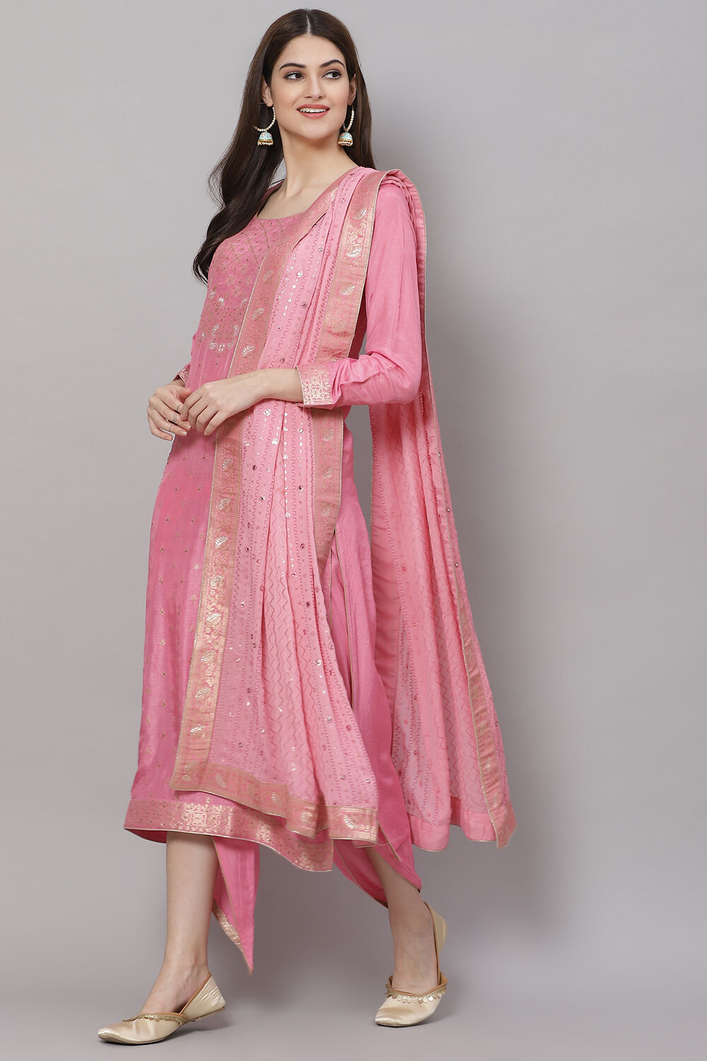 Light Brown Silk & Tussar Machine Embroidered Unstitched Suit Set image number 3