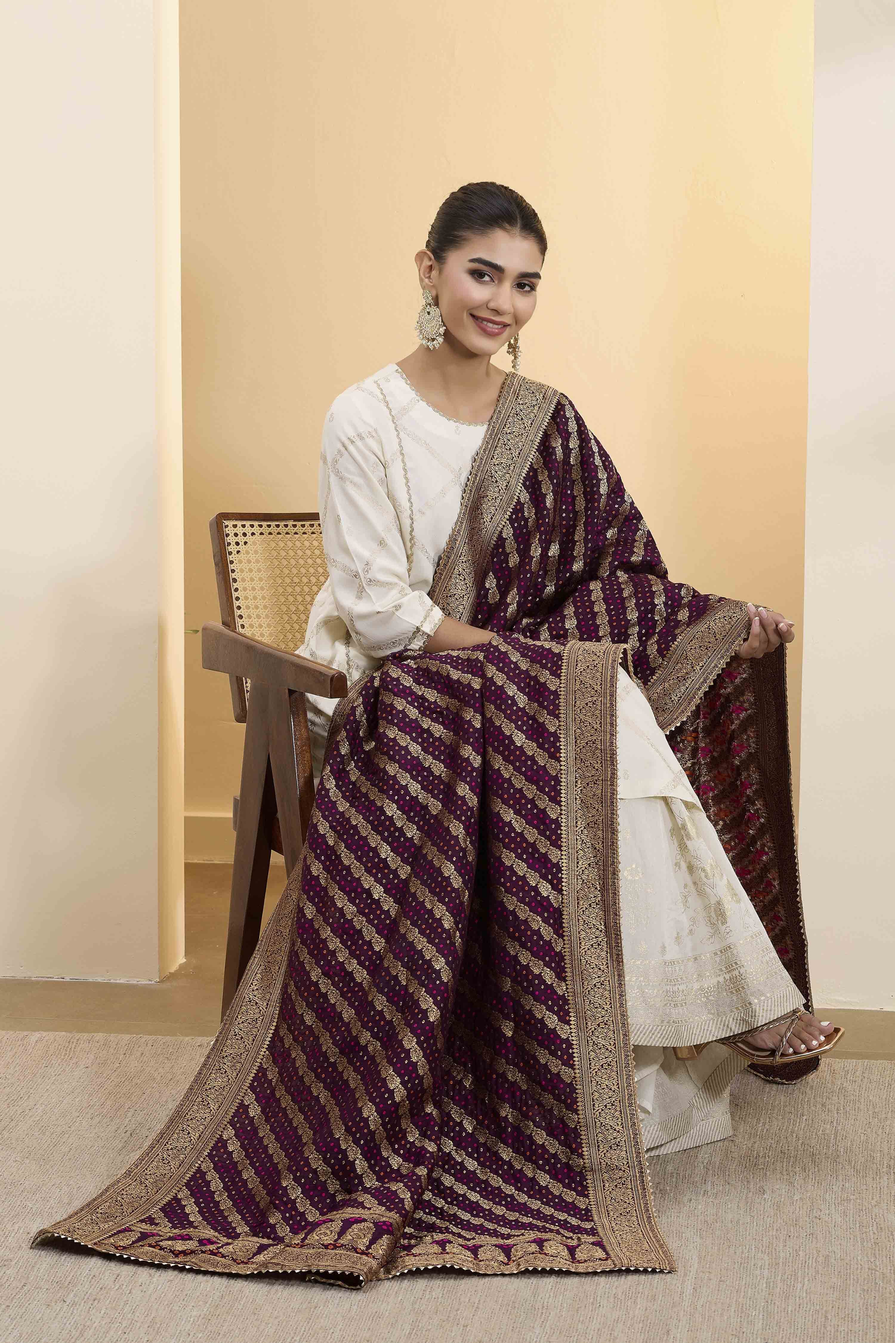 Purple Poly Printed Banarasi Dupatta image number 0