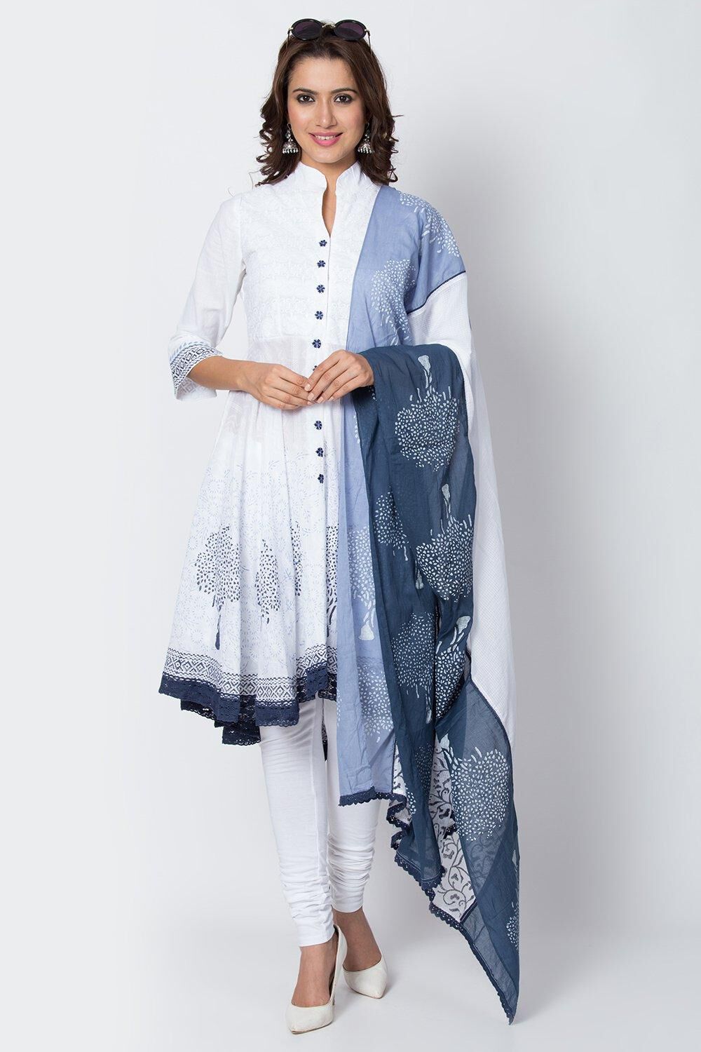 White Blue Cotton Anarkali Kurta Churidar Suit Set