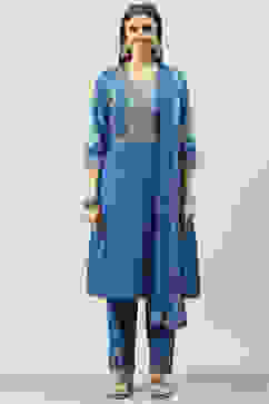 Blue Cotton Kalidar Kurta Relaxed Pants Suit Set image number 7