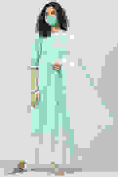 Aqua Blue and White Cotton Straight Suit Set image number 7