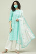 Aqua Printed Cotton Straight Kurta Palazzo Suit Set image number 7