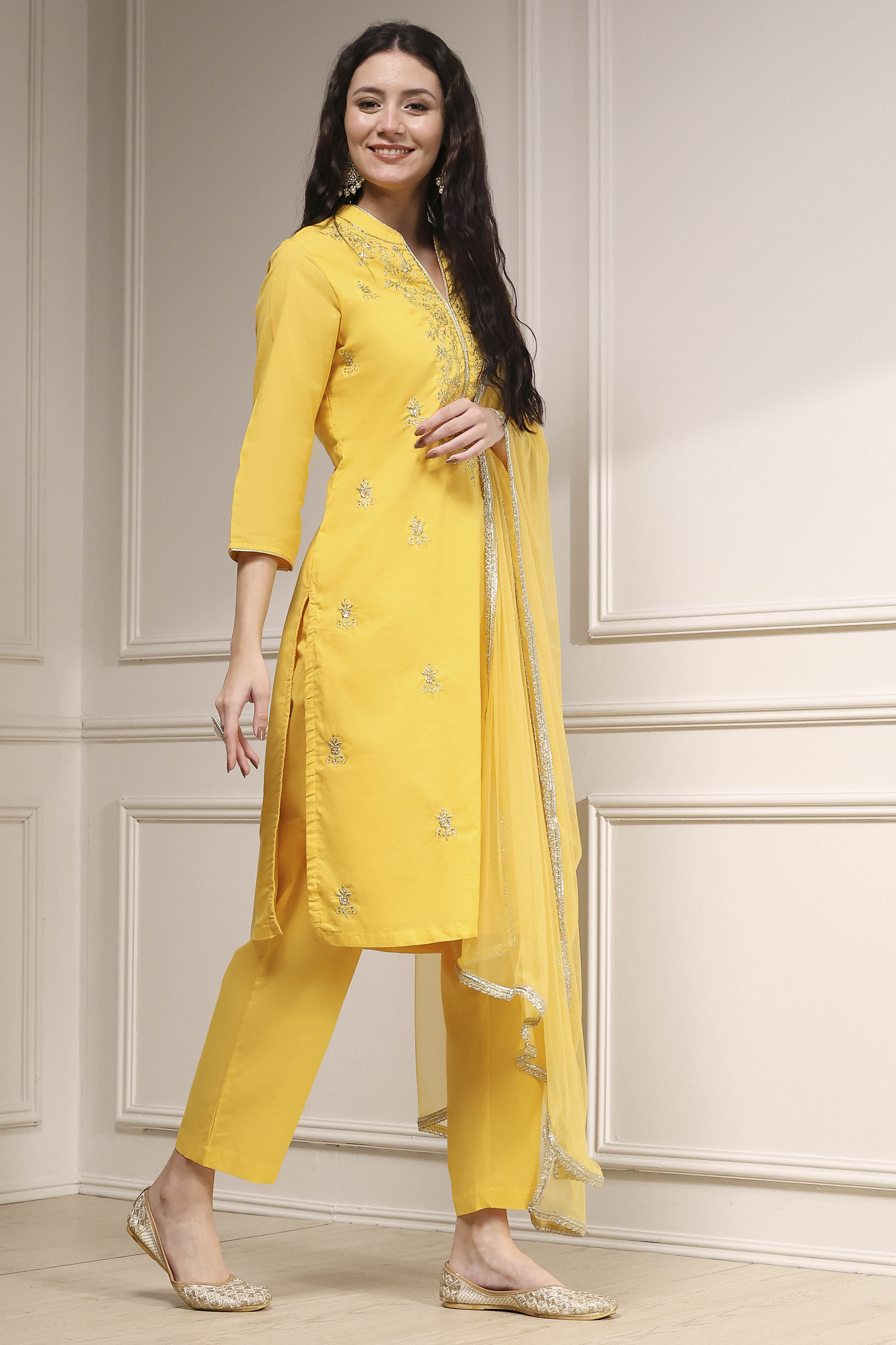 Yellow Cotton Embroidered Straight Suit Set image number 5
