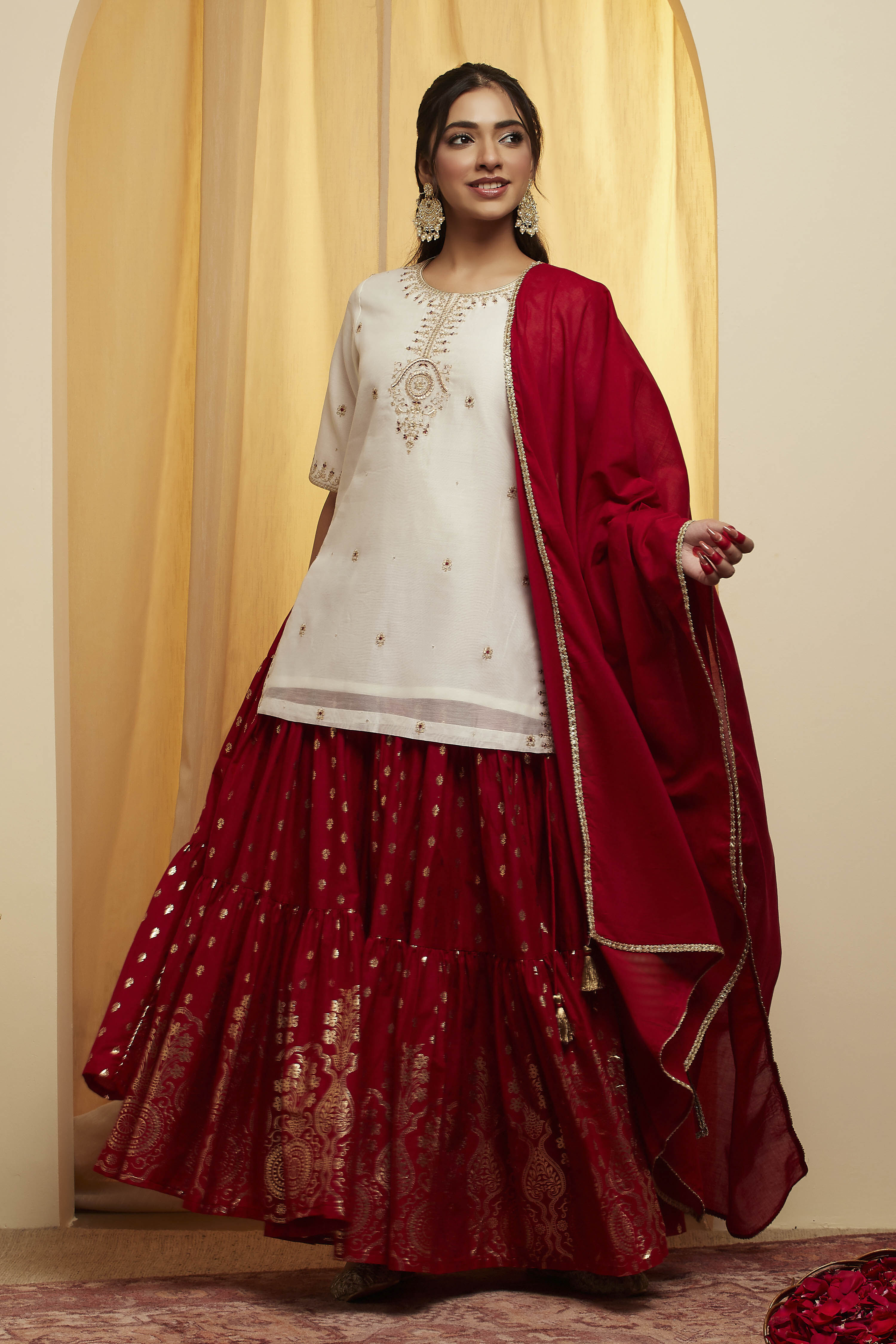 Red Polyester Straight Lehenga Set image number 6