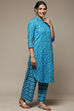 Teal Cotton Straight Kurta Palazzo Suit Set image number 5