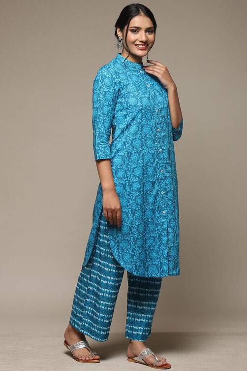 Teal Cotton Straight Kurta Palazzo Suit Set image number 5