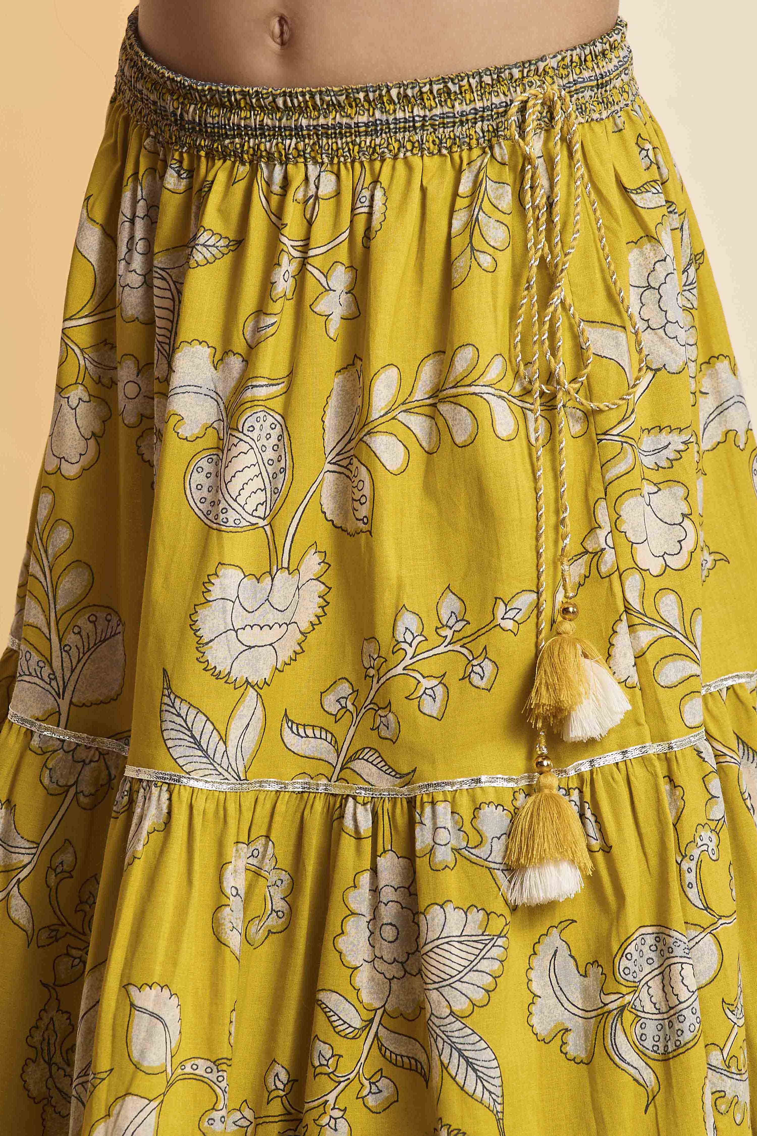 Yellow Cotton Floral Gathered Lehenga Set image number 2