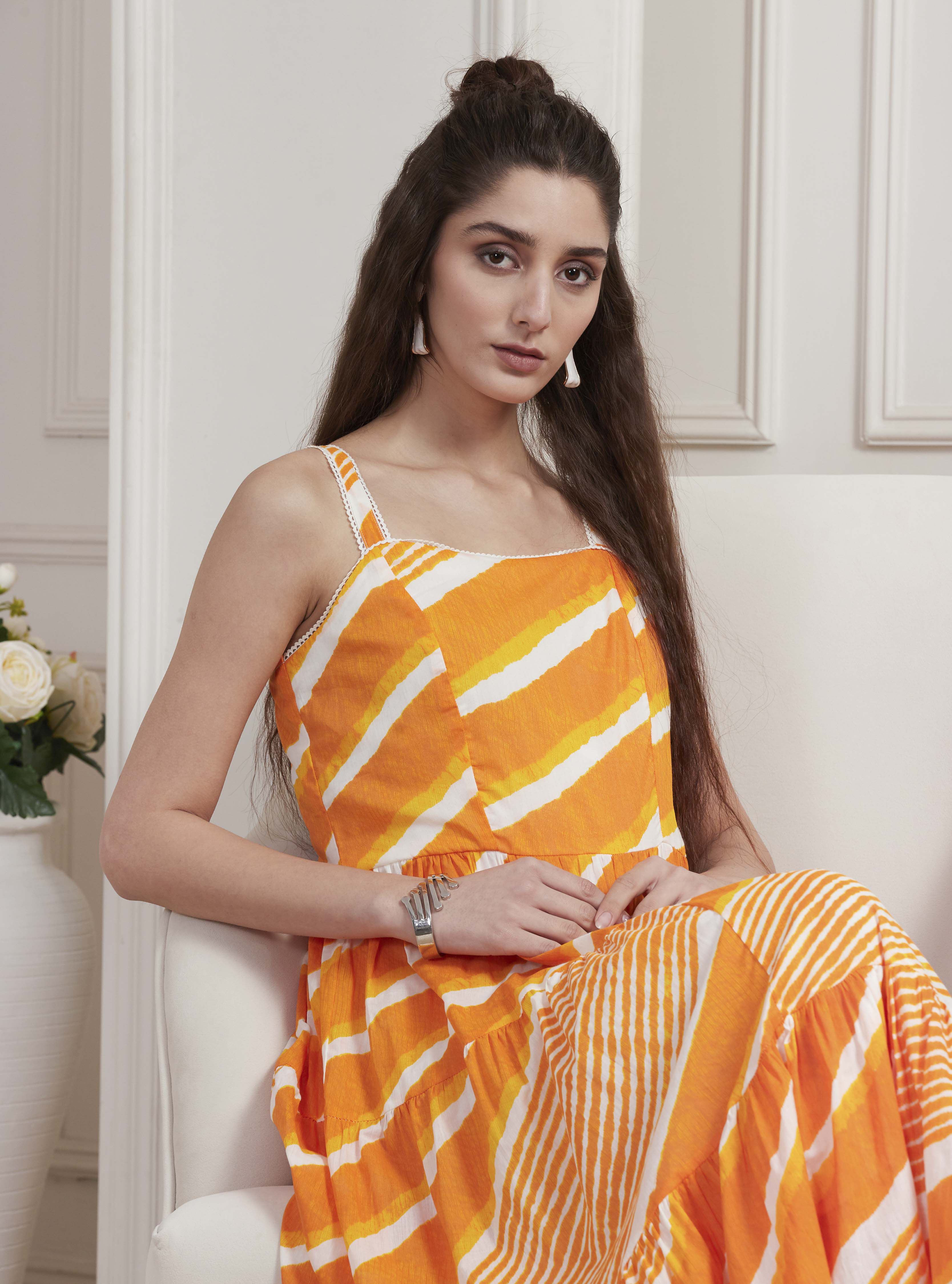 Yellow Cotton Printed Tiered Dress image number 6