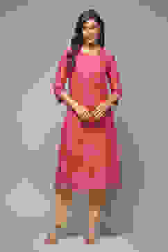 Pink Cotton Straight Printed Kurta image number 1