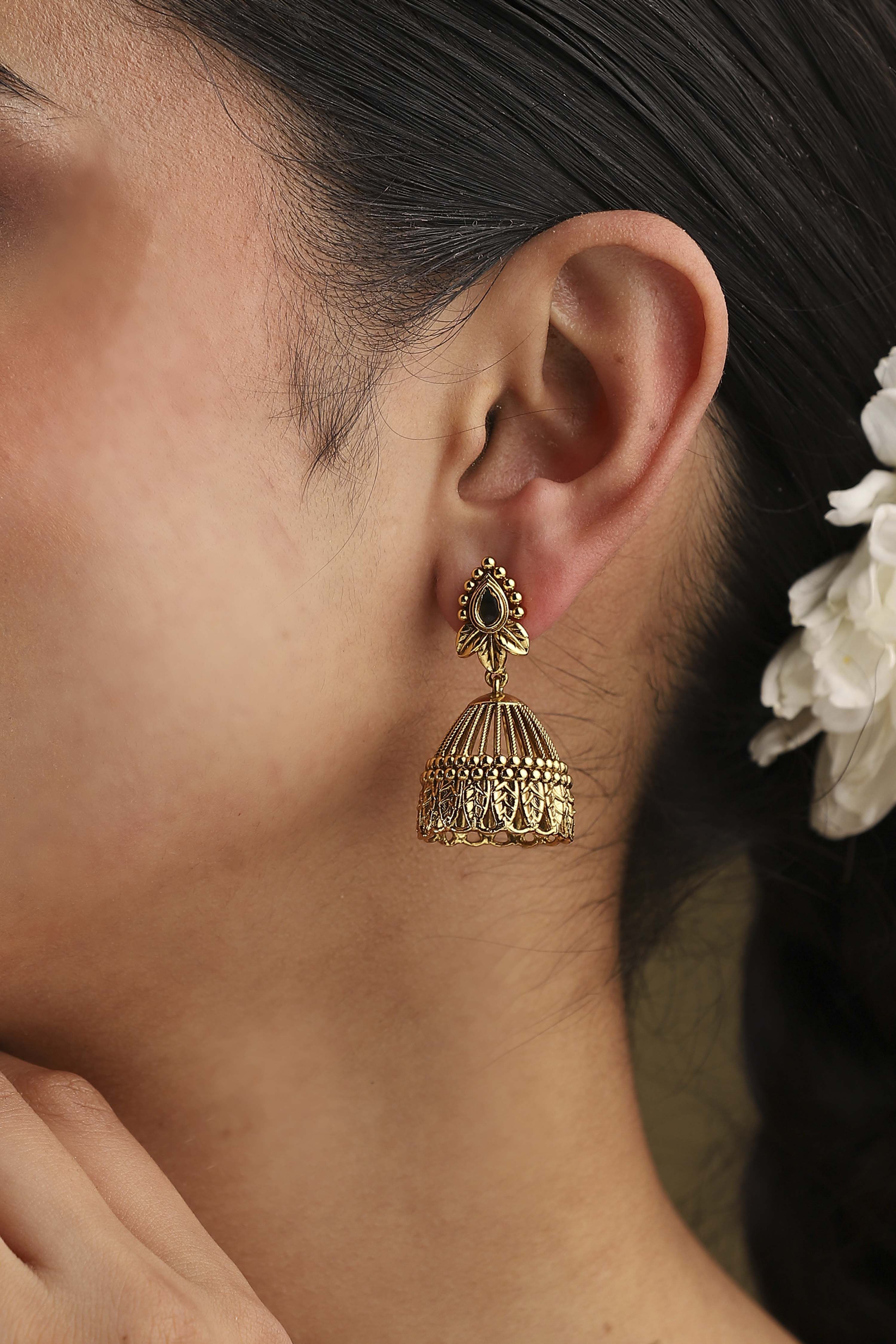 Green Gold Plated Studded Jhumkas image number 1