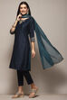 Teal Cotton Satin Narrow Kurta Pant Suit Set image number 4