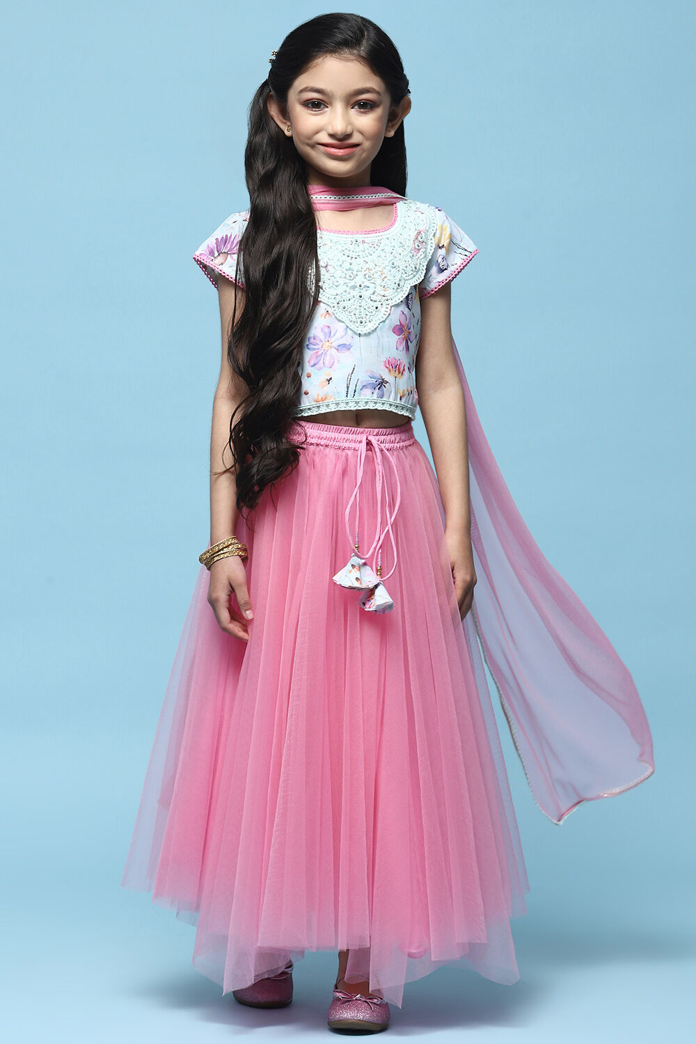 Pink Net Lehenga With Cotton Floral Blouse & Net Dupatta image number 7