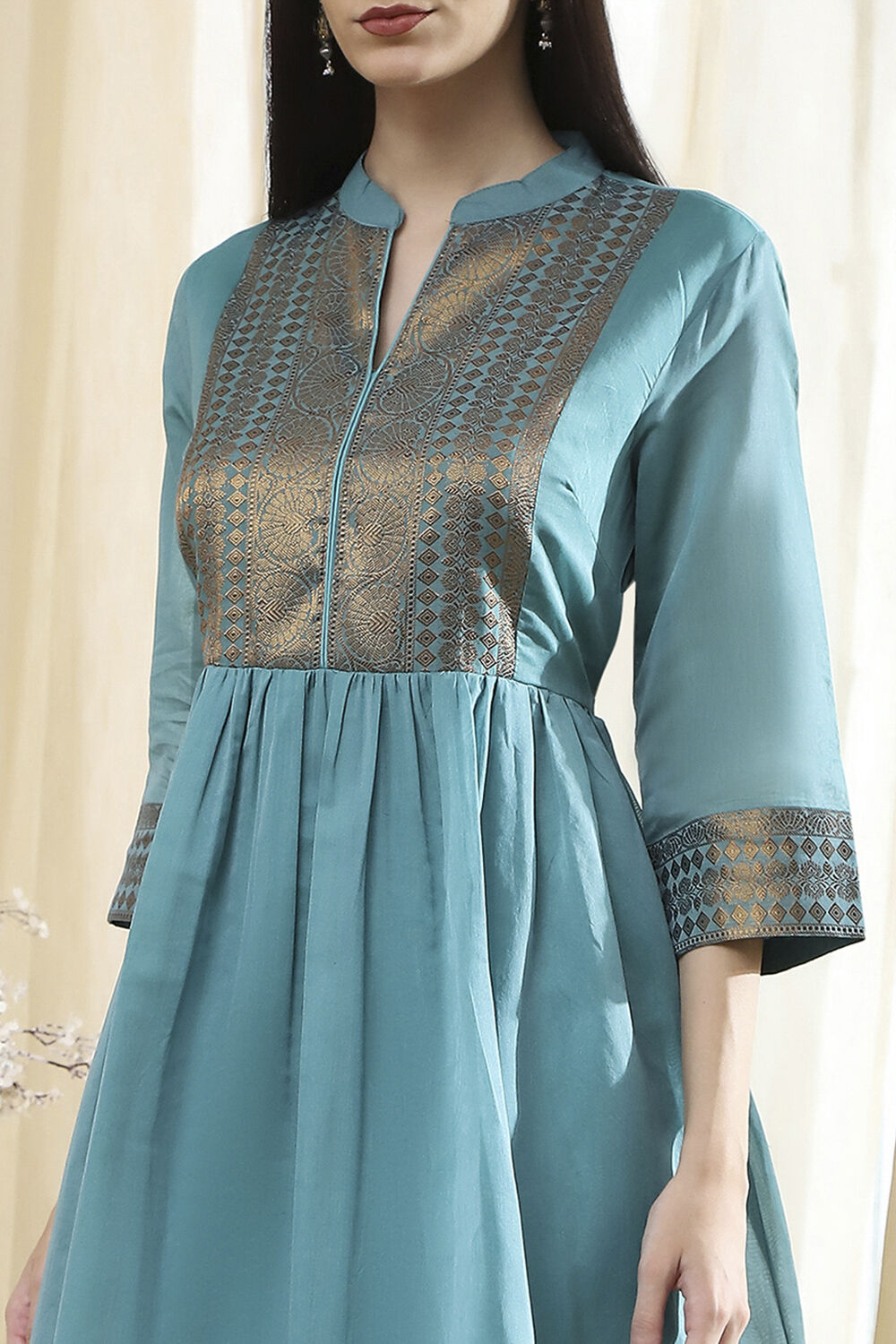 Turquoise Yarn-Dyed Flared Kurta image number 1