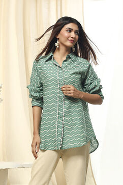 Green Cotton Printed Straight Shirt image number 5