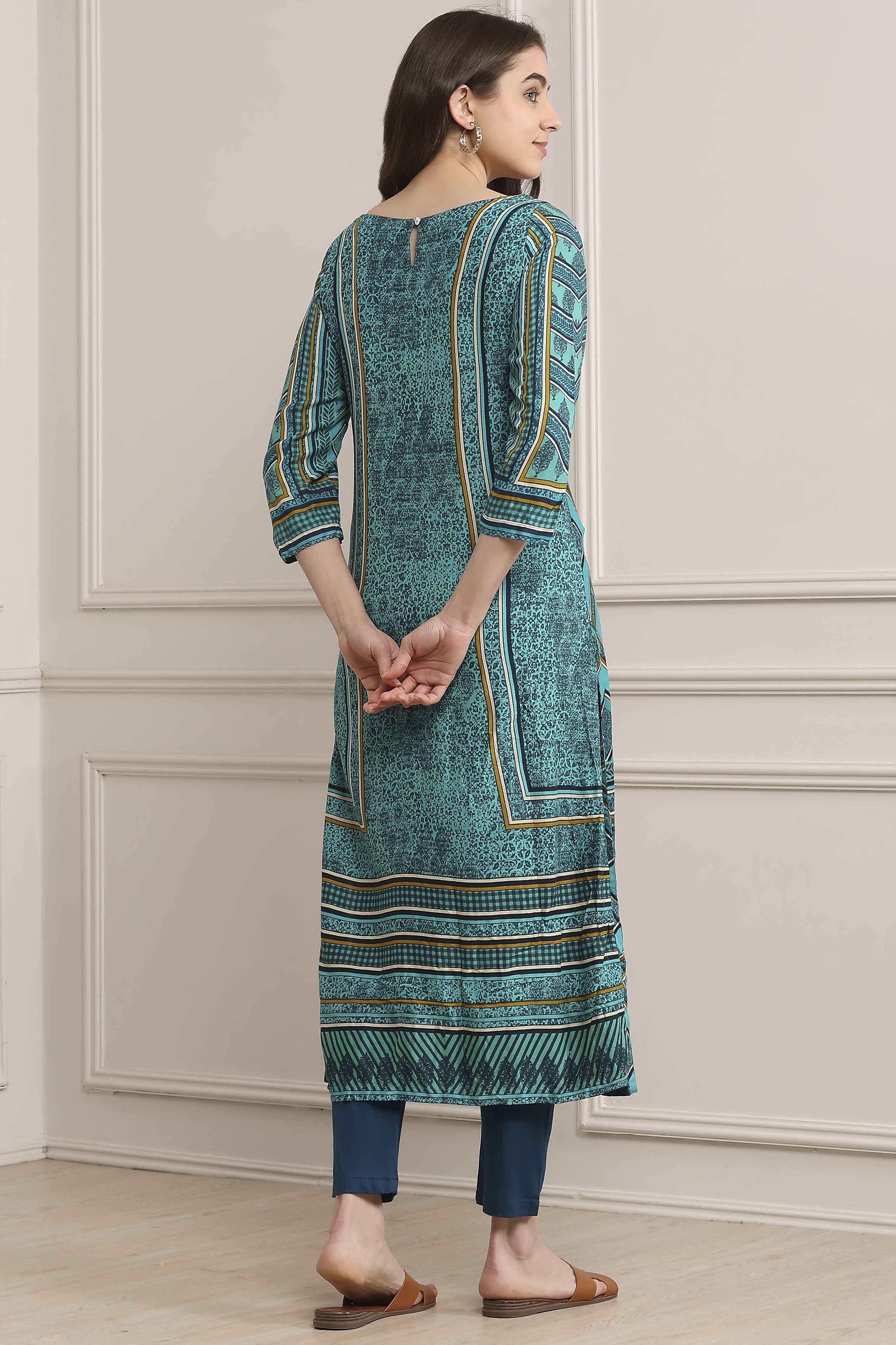 Turquoise LIVA Straight Printed Kurta image number 3