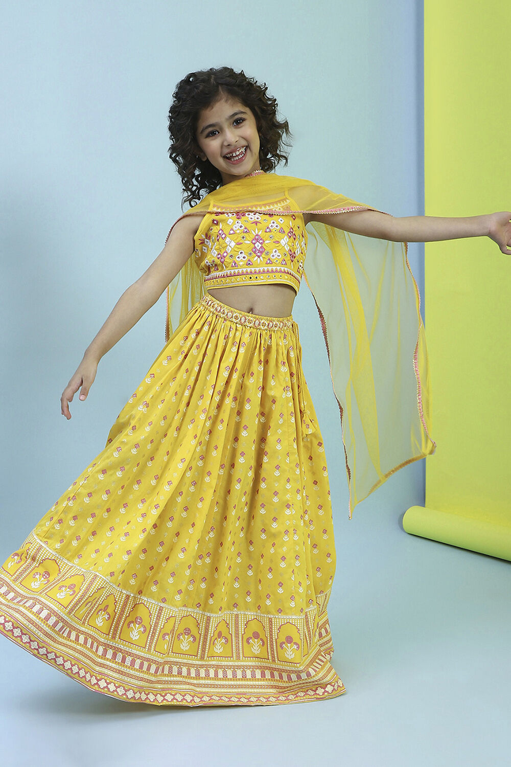 Yellow Cotton Printed Regular Lehenga Set image number 0