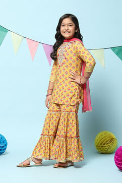 Yellow Poly Viscose Straight Printed Suit Set image number 5