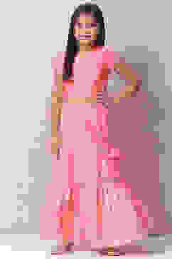 Peach Art Silk Printed Short Top Lehenga Set image number 0