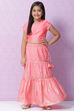 Peach Art Silk Printed Short Top Lehenga Set image number 0
