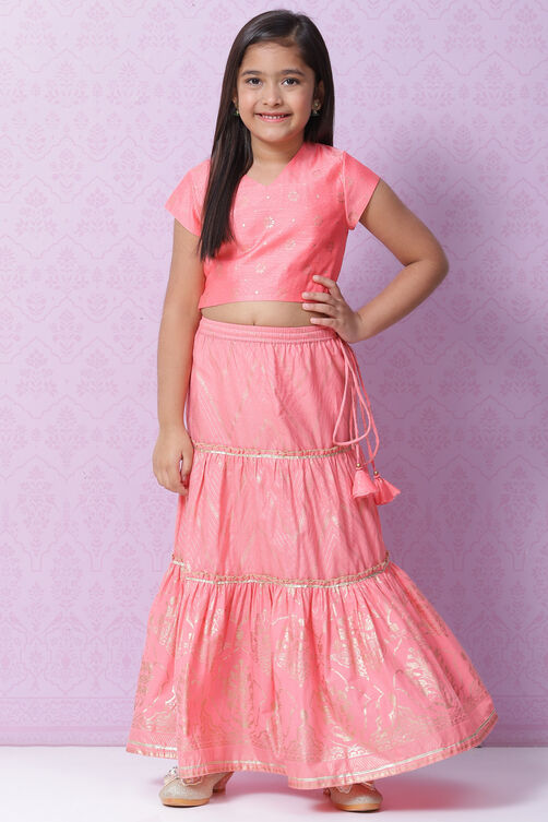 Peach Art Silk Printed Short Top Lehenga Set image number 0