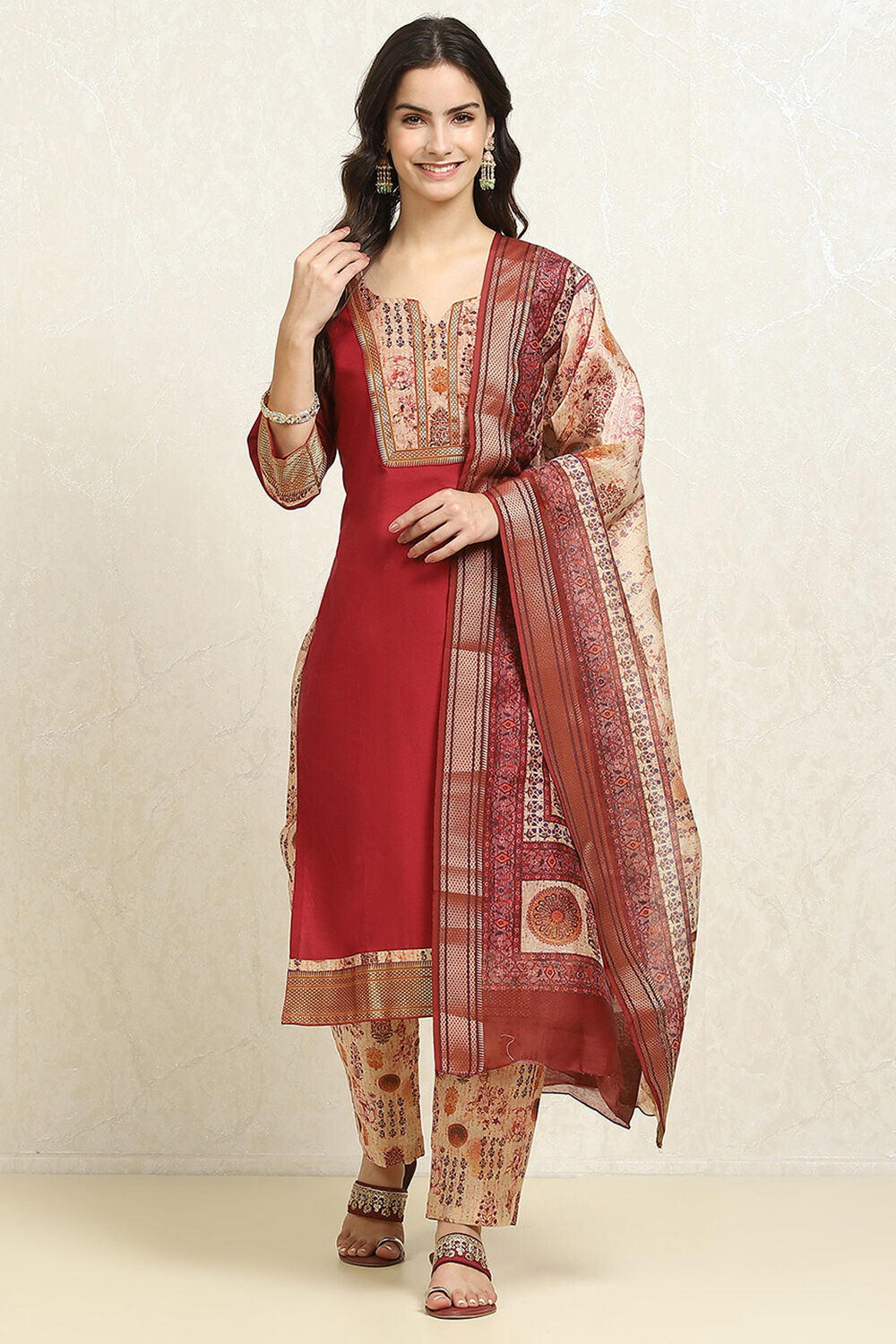 Maroon Cotton Handloom Unstitched Suit Set image number 1