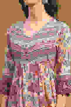 Beige Cotton Floral Printed Gathered A-Line Kurta Set image number 1