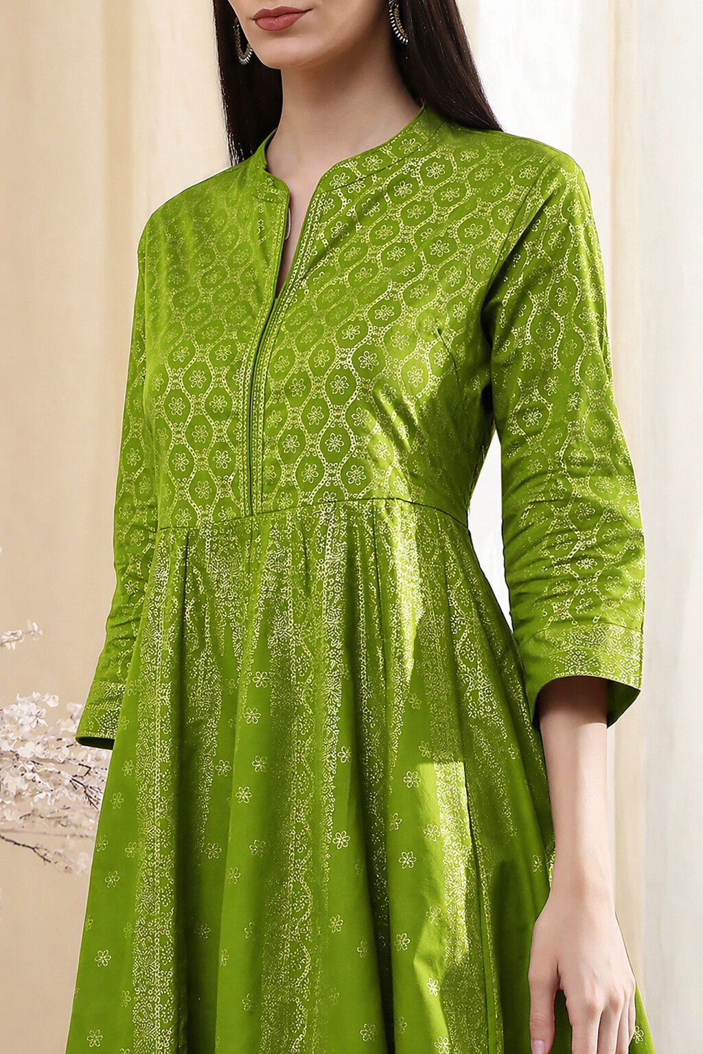 Lime Green Cotton Layered Anarkali Dress image number 1