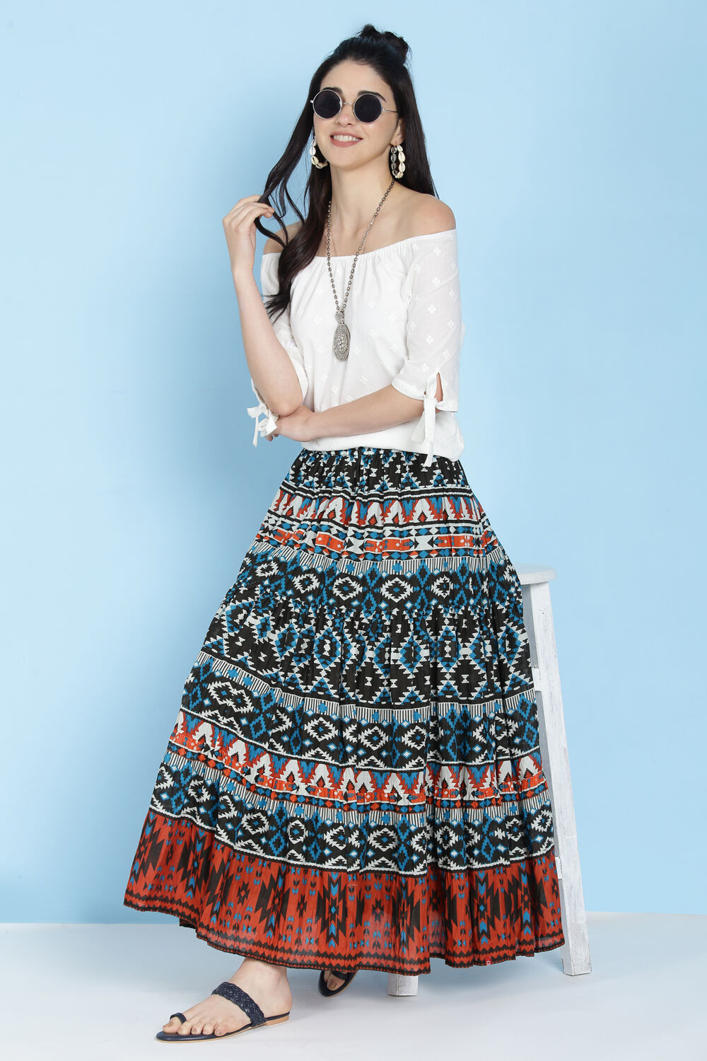 Black Cotton Long Skirt at Biba India