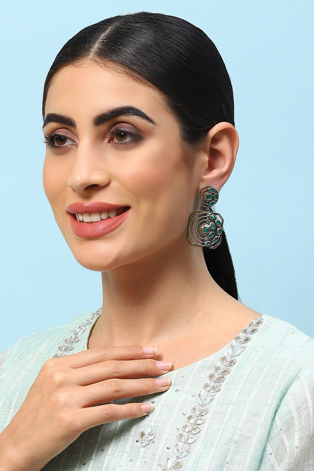 Oxidised Gold & Green Brass Earrings image number 3