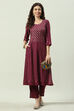 Plum Printed Rayon Straight Kurta Regular Pant Suit Set image number 6
