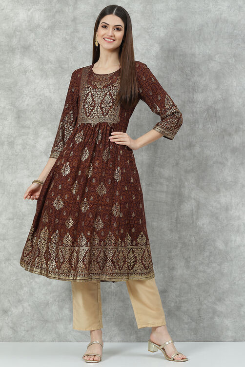 Brown Rayon A-Line Printed Kurta image number 5